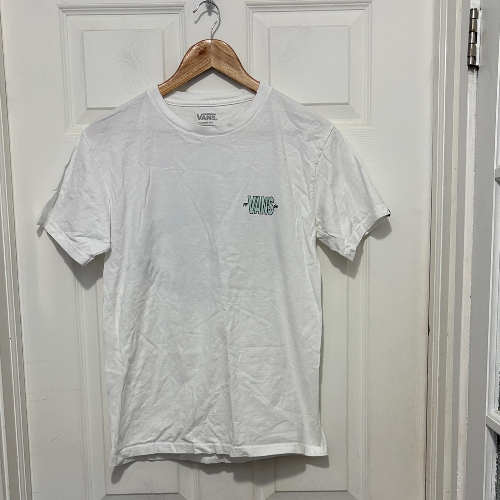 Vans White Short Sleeve Tee with Mint Logo and Alien Back Hit